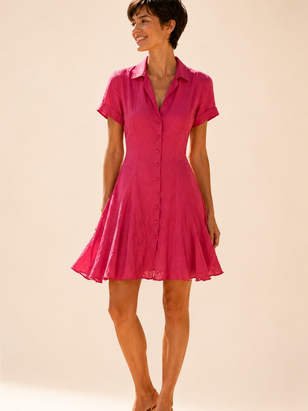 Vanity red linen dress button-up front short sleeves flare skirt, made in Italy
